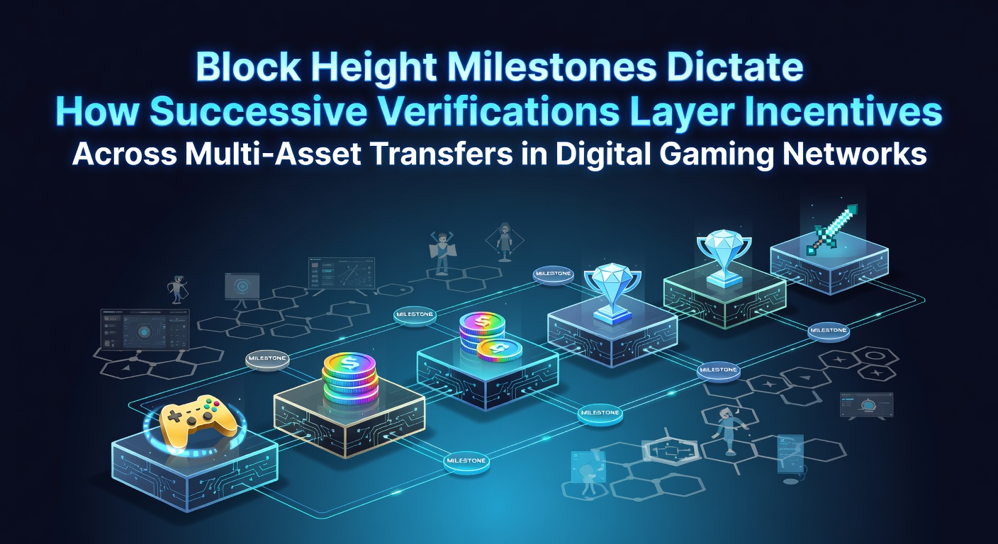 Illustration von Blockhöhen-Meilensteinen in Blockchain-Gaming-Netzwerken mit Verifizierungsprozessen und Multi-Asset-Transfers
