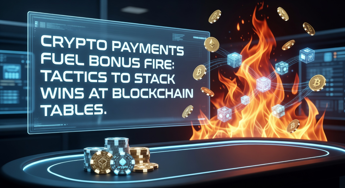 Grafik zeigt Kryptowährungen wie Bitcoin und Ethereum, die in ein Casino-Symbol fließen und Boni explodieren lassen