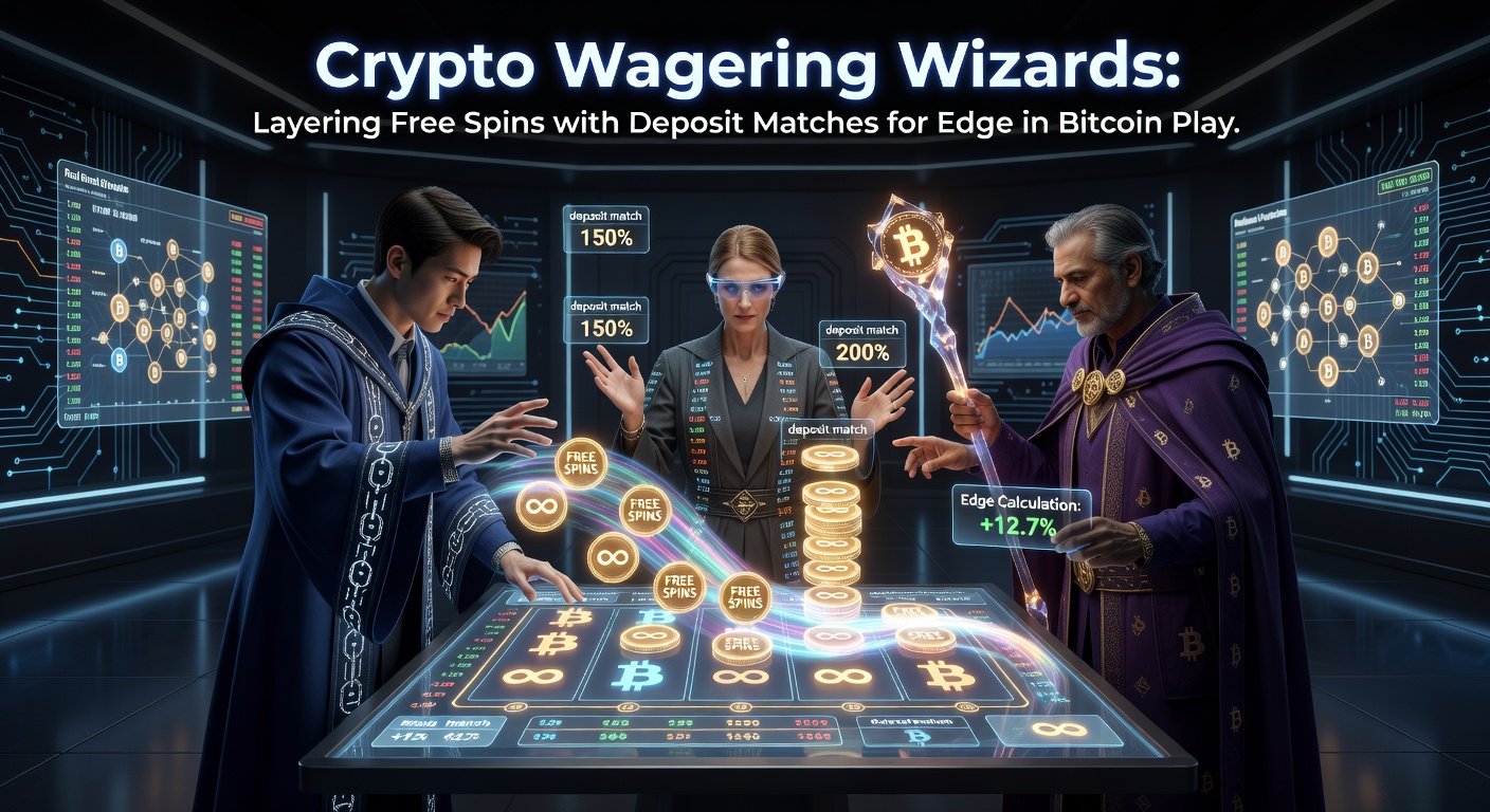 Grafik zeigt gestapelte Bonus-Symbole mit Bitcoin und Free-Spin-Icons, die einen strategischen Vorteil im Crypto-Casino darstellen