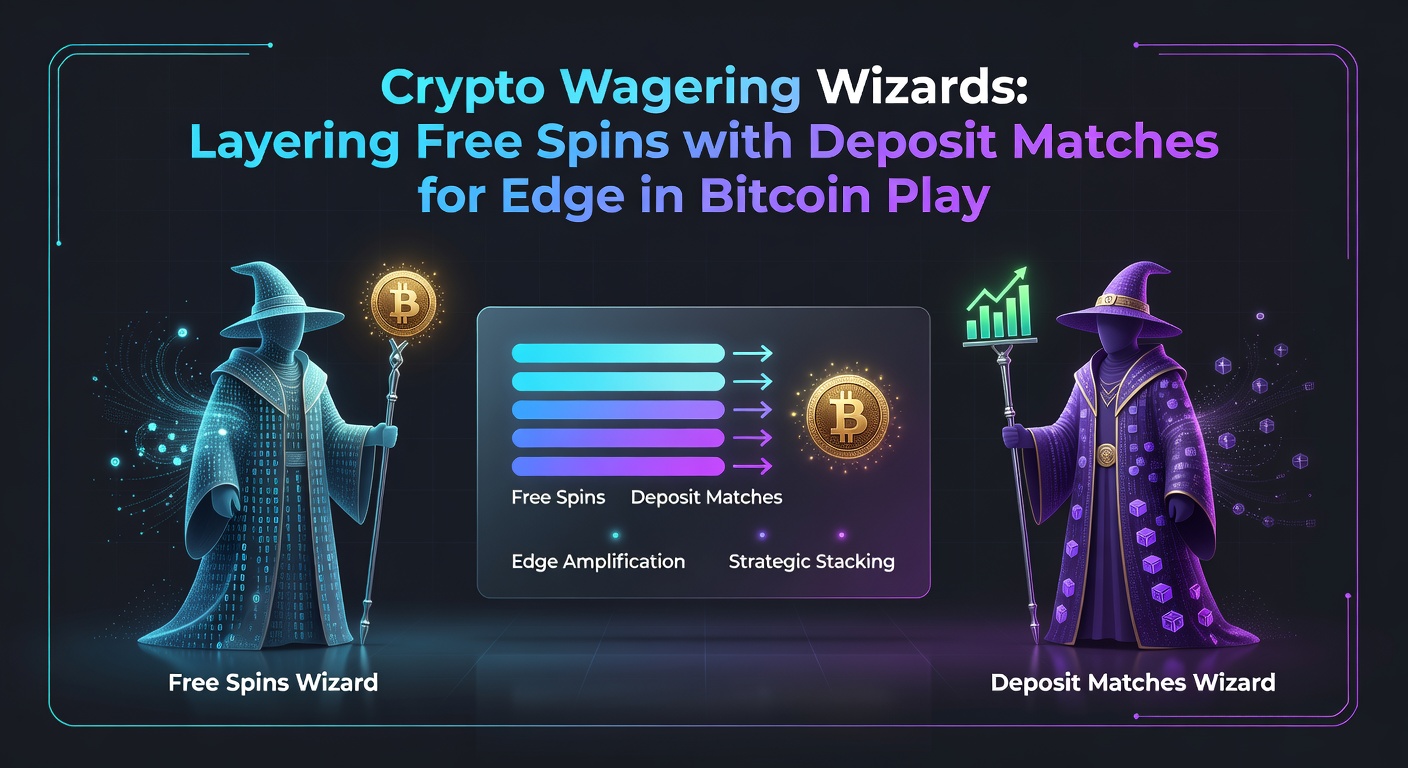 Detaillierte Infografik mit Bitcoin-Wallet, Free-Spin-Stapeln und Gewinnkurven, die den Layering-Effekt im Crypto-Wagering visualisieren