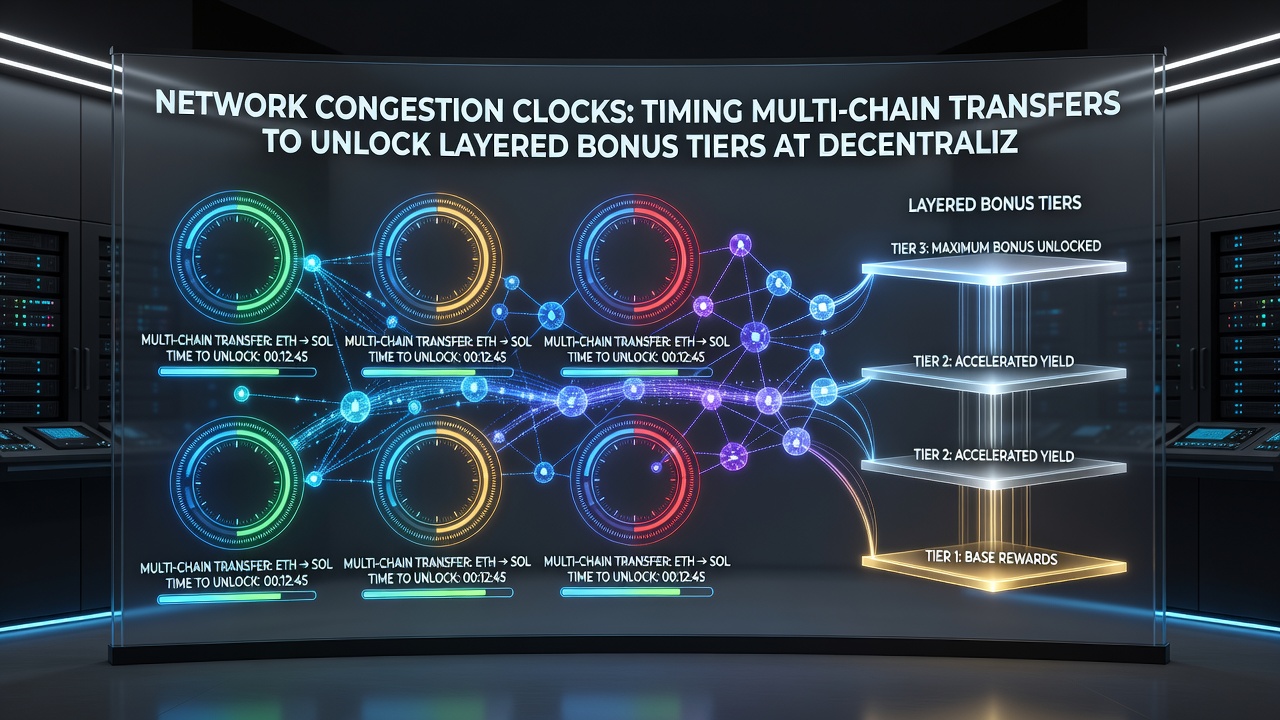 Illustration von Blockbestätigungen und gestaffelten Bonus-Freischaltungen über verschiedene Blockchain-Netzwerke