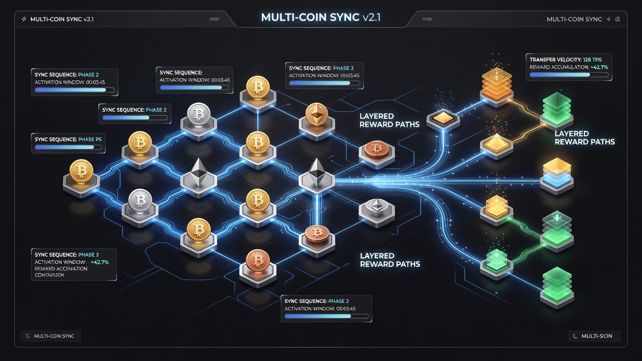 Illustration gestaffelter Belohnungspfade mit Multi-Coin-Synchronisation in digitalen Casinos